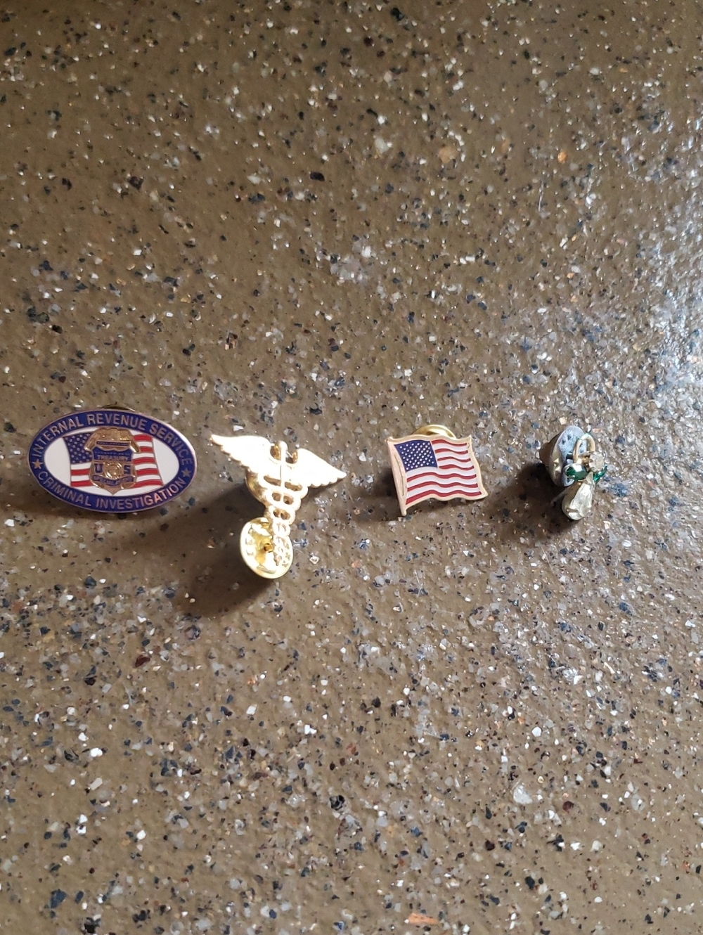 4 Vintage Enamel & Gold Tone Pins - American Flag, Caduceus, IRS & Rhinestone